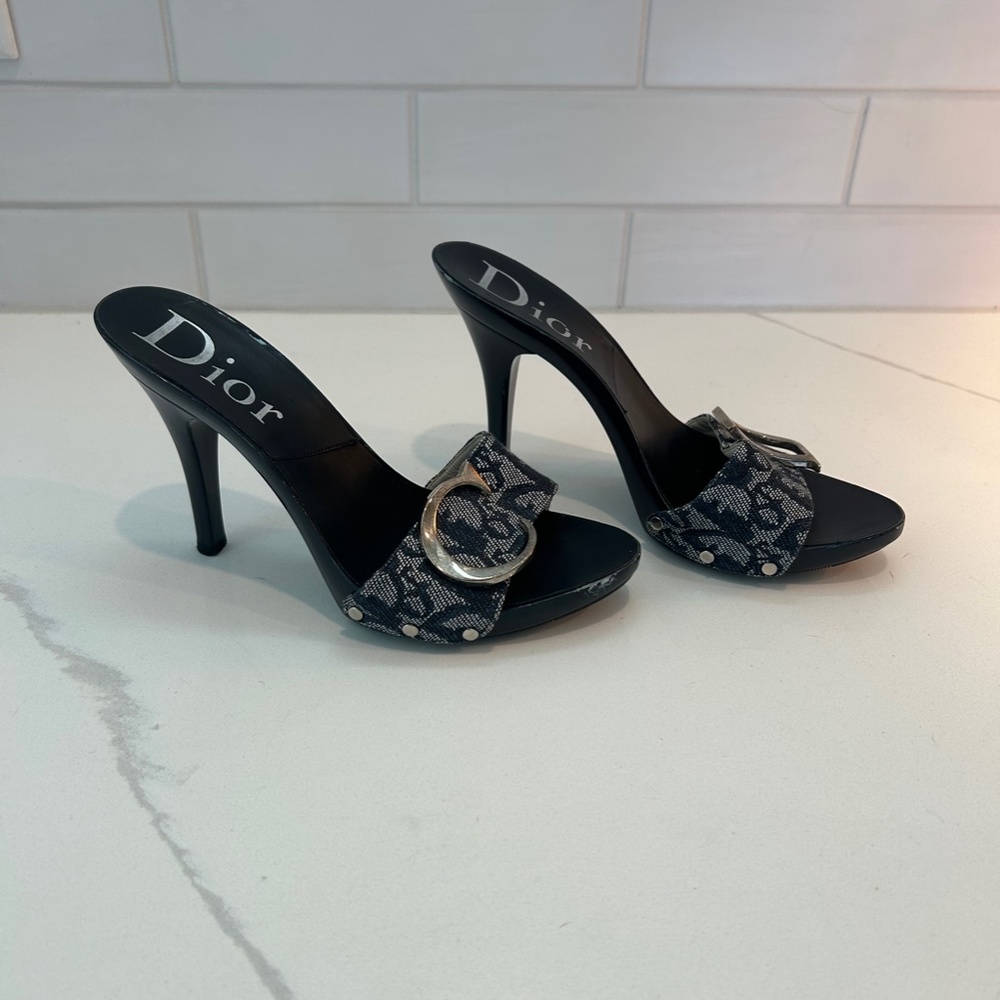 Dior Blue Canvas Logo Detail Slide Sandals